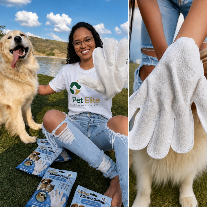 Pet Elite: luva de banho a seco em uso com cao golden retriever